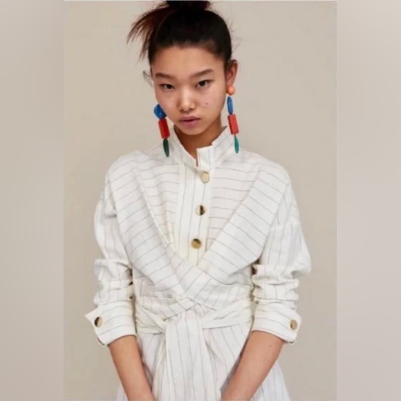 ZARA Basic Gold Button Linen Pinstripe Robe Midi Dress in Natural Cream XS - Picture 8 of 8